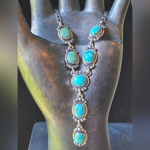 Genuine Turquoise Sterling Silver Lariat Necklace With 24" Adjustable Chain